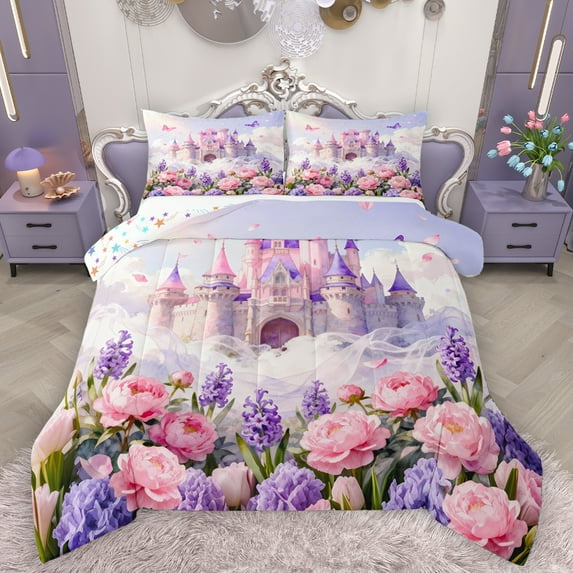 Homewish Cartoon Castle Bedding Comforter Set,Rustic Flower Floral Twin Comforter Sets,Pink Purple Bedding Set For Girl,Luxury Bedroom Decor Reversible,2-Piece