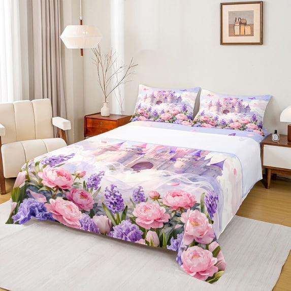 Homewish Cartoon Castle Twin Sheet Sets,Rustic Flower Floral Twin Fitted Sheet,Pink Purple Flat Sheet For Girl,Luxury Bedroom Decor,3-Piece