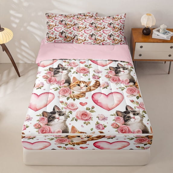 Homewish Cartoon Cat Animal Zipper Full Size Comforter Sets with Fitted Sheet and 2 Pillowcases, Pink Love Heart Zipper Bedding Set, Pink Reversible, 4-Piece