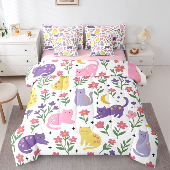 Homewish Cartoon Cat Animals 7-Piece Twin Bedding,Cute Floral Moon Bedding Comforter Set,White,Pink Reversible