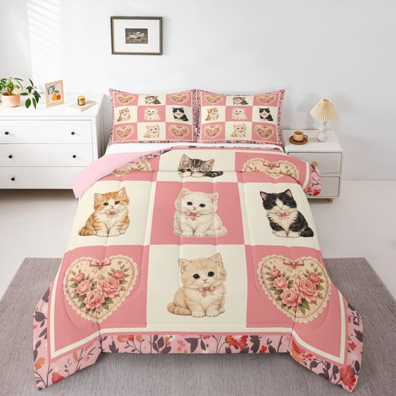 Homewish Cartoon Cat Animals Checkered Queen Comforter Set,Pink Flowers Comforter Sets Queen,Pink Reversible,3pcs,1 Comforter and 2 Pillowcases