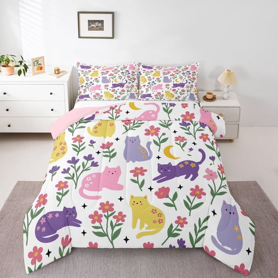 Homewish Cartoon Cat Animals Queen Comforter Set,Cute Floral Moon Comforter Sets Queen,White,Pink Reversible,3 Pieces,1 Comforter and 2 Pillowcases