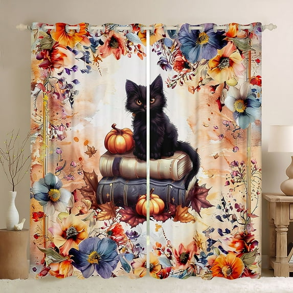 Homewish Cartoon Cat Kitten Teens Curtains Pack of 2 (42x84 Each), Rustic Flower Floral Curtains Blackout, Autumn Pumpkin Bedroom Curtains, Living Room Curtains Decor