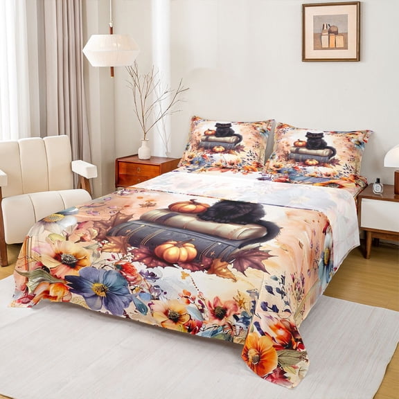 Homewish Cartoon Cat Kitten Teens Full Size Sheets, Rustic Flower Floral Bed Sheets, Autumn Pumpkin Sheet Sets, Super Cozy Room Decor, 4 Pieces