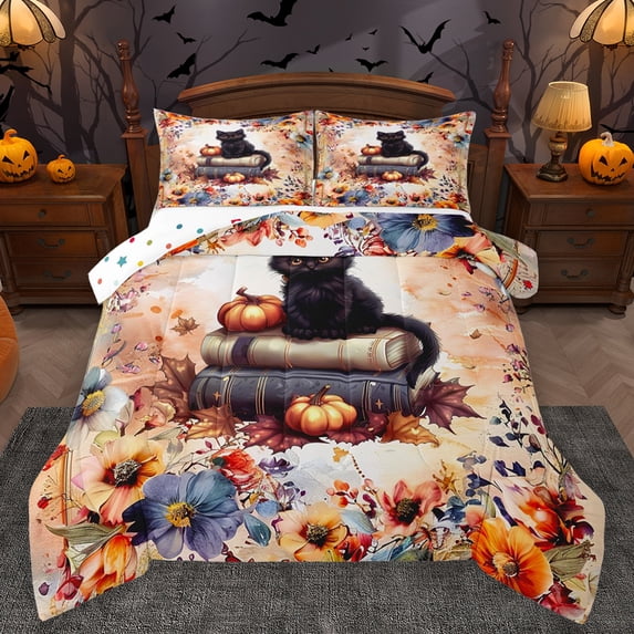 Homewish Cartoon Cat Kitten Teens Queen Comforter Set, Rustic Flower Floral Bedding Sets, Autumn Pumpkin Reversible Bedding Comforter Set, Super Cozy Room Decor, 3 Pieces