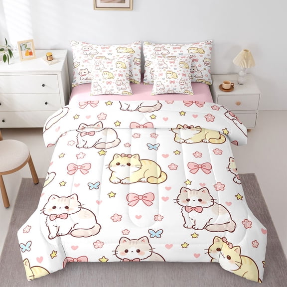 Homewish Cartoon Cats 7-Piece Twin Bedding,Kawaii Bow Stars Bedding Comforter Set,Yellow White,Pink Reversible