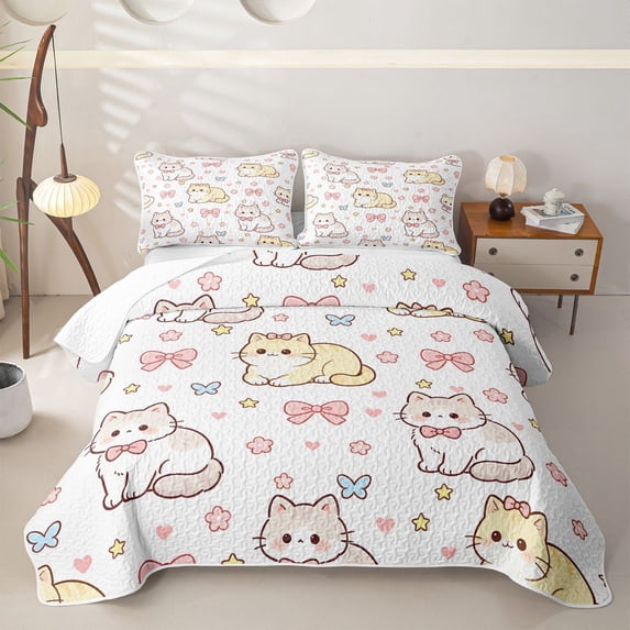 Homewish Cartoon Cats Bed Spread Queen,Kawaii Bow Stars Queen Coverlet Set,Yellow White,3-Piece