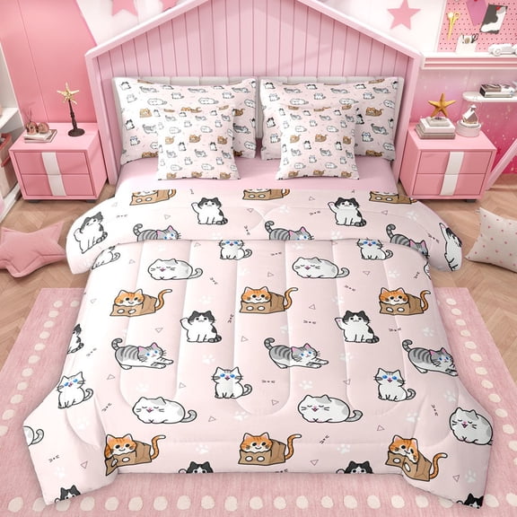 Homewish Cartoon Cats Bedding Comforter Set 7pcs for Kids Teens,Kawaii Animal Queen Bedding Sets Super Cozy,Dreamy Princess Queen Sheet Sets,Super Cozy Room Decor,Reversible
