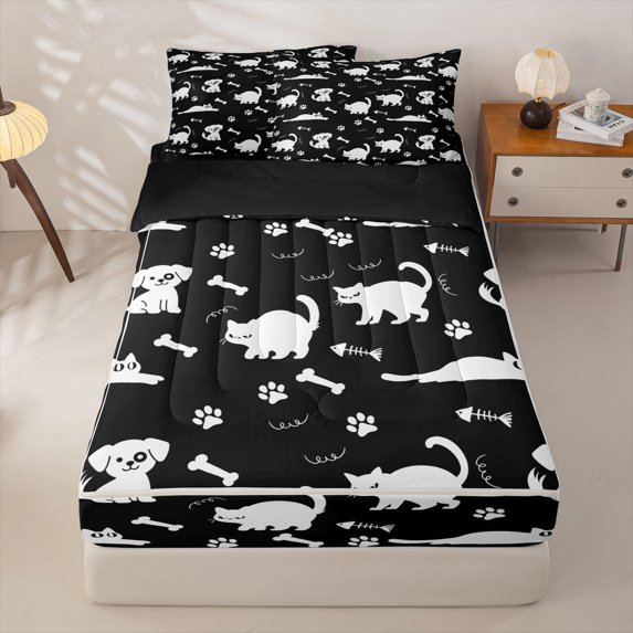 Homewish Cartoon Cats Dog Zipper Twin Comforter Sets with Fitted Sheet and 2 Pillowcases,Lovely Pet Paws Zipper Bedding Set,Black,Black Reversible,4pcs