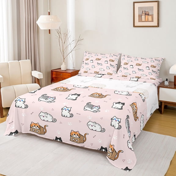 Homewish Cartoon Cats Twin Sheet Sets 3pcs for Kids Teens,Kawaii Animal Twin Fitted Sheet Microfiber,Dreamy Princess Breathable Flat Sheet,Super Cozy Room Decor