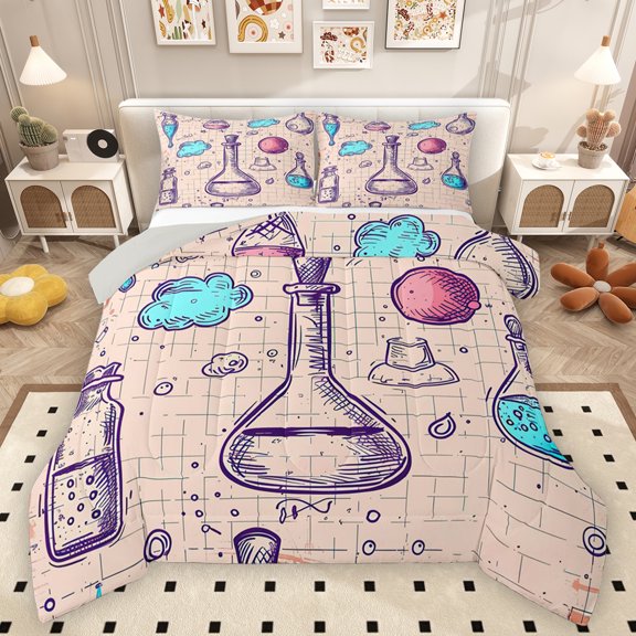 Homewish Cartoon Chemical Experiment Bedding Comforter Set, Kawaii Blue Cloud Twin Comforter Sets, Square Lines Buffalo Reversible Bedding Set, Lightweight Room Decor, 2 Pieces