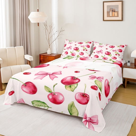 Homewish Cartoon Cherry Bowtie Twin Sheet Sets,Cute Ribbon Bowknot Twin Fitted Sheet,Pink Bow Tie Flat Sheet For Girl Kids,Breathable Home Decor,3-Piece