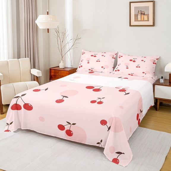 Homewish Cartoon Cherry Fruit Twin Sheet Sets for Girl, Cute Polkadots Print Twin Fitted Sheet, Kawaii Pink Princess Style Flat Sheet, Breathable Home Decor, 3pcs