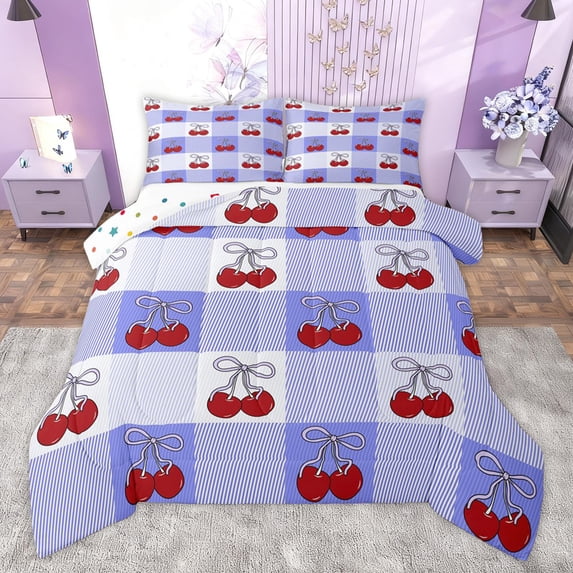 Homewish Cartoon Cherry Print Full Size Comforter Sets, Princess Ribbon Bowknot Bedding Comforter Set, Purple Patchwork Plaid Reversible Bedding Sets, Lightweight Room Decor, 3-Piece