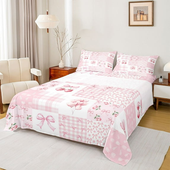 Homewish Cartoon Cherry Ribbon Queen Sheet Sets for Teen, Pink Stripes Buffalo Flat Sheet, Kawaii Cartoon Bowknot Queen Fitted Sheet, Super Cozy Room Decor, 4pcs