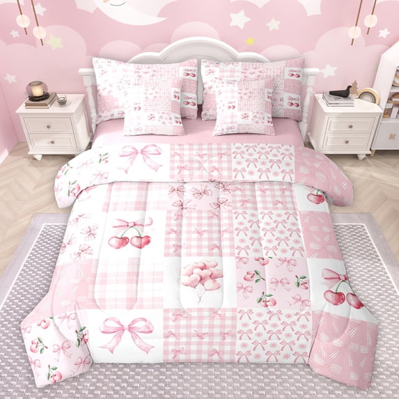 Homewish Cartoon Cherry Ribbon Twin Bedding Sets 7-Piece for Teen, Pink Stripes Buffalo Bedding Comforter Set, Kawaii Cartoon Bowknot Reversible Sheet Sets, Super Cozy Room Decor