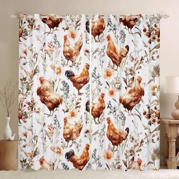 Homewish Cartoon Chicken Black Out Curtains for Kids Children,Chic Flowers Curtains Pack of 2 (42x63 Each),Farmhouse Animal Bedroom Curtains,Lightweight Room Decor