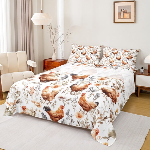Homewish Cartoon Chicken Twin Sheet Sets 3pcs for Kids Children,Chic Flowers Twin Fitted Sheet Microfiber,Farmhouse Animal Breathable Flat Sheet,Lightweight Room Decor