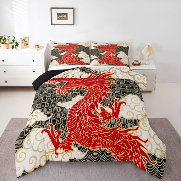 Homewish Cartoon Chinese Dragon Bedding Comforter Set for Adult, Stripes Cloud Twin Comforter Sets, Vintage Japanese Style Reversible Bedding Set, Super Cozy Room Decor, 2pcs