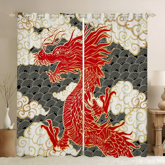 Homewish Cartoon Chinese Dragon Black Out Curtains for Adult, Stripes Cloud Curtains Pack of 2 (42x63 Each), Vintage Japanese Style Bedroom Curtains, Curtains Blackout Decor