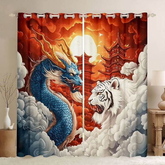 Homewish Cartoon Chinese Dragon Blackout Curtains Set of 2 (52x84 Each), White Tiger Animal Window Curtains, Tokyo Japanese Style Curtains and Drapes, Blackout Curtains Room Decor