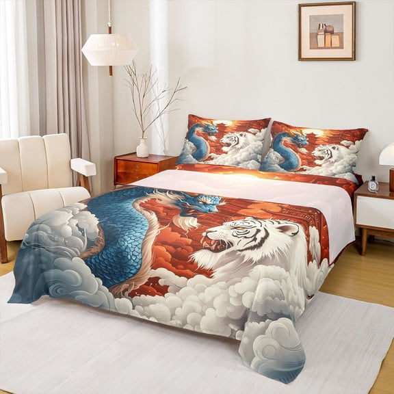 Homewish Cartoon Chinese Dragon Full Size Sheets, White Tiger Animal Bed Sheets, Tokyo Japanese Style Sheet Sets, Lightweight Room Decor, 4-Piece