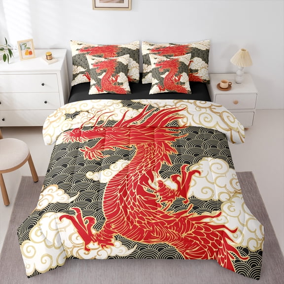Homewish Cartoon Chinese Dragon Twin Bedding Sets 7-Piece for Adult, Stripes Cloud Bedding Comforter Set, Vintage Japanese Style Reversible Sheet Sets, Super Cozy Room Decor