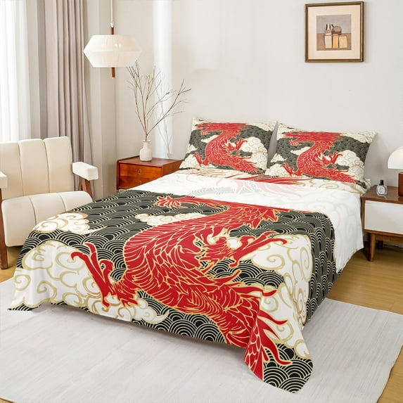 Homewish Cartoon Chinese Dragon Twin Sheet Sets for Adult, Stripes Cloud Twin Fitted Sheet, Vintage Japanese Style Flat Sheet, Super Cozy Room Decor, 3pcs