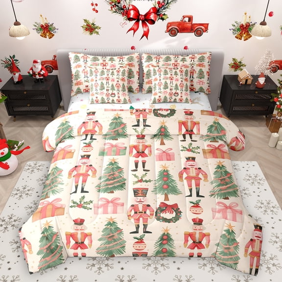 Homewish Cartoon Christmas Nutcracker 7-Piece Bedding Comforter Set,Chic Xmas Tree King Bedding Sets,Chic Xmas Tree Bed Sheets For Girls,,Microfiber Bedroom Decor Reversible
