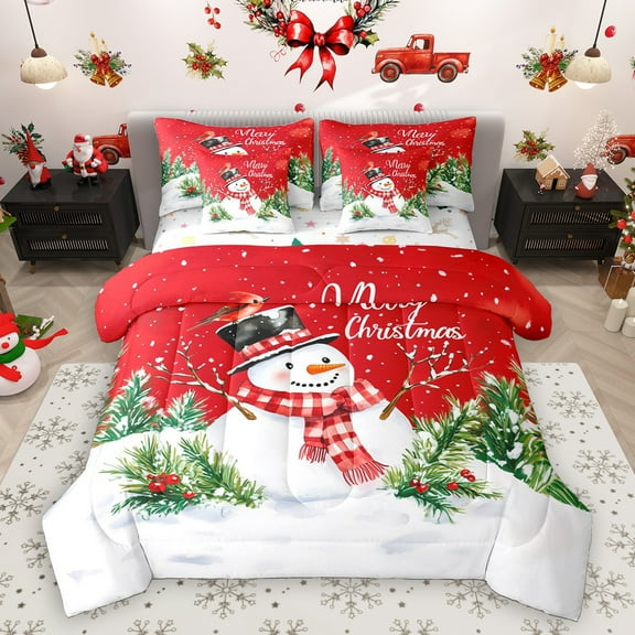 Homewish Cartoon Christmas Snowman 7-Piece Twin Bedding Sets,Merry Xmas Bedding Comforter Set,Red White Sheet Sets For Girl Boys Kids,Super Cozy Room Decor Reversible