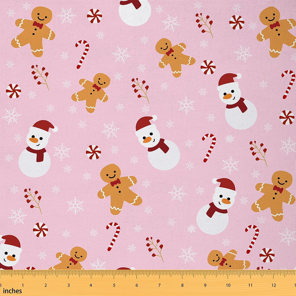 Homewish Cartoon Christmas Snowman Fabric by the Yard 1 Yard,Xmas Gingerbread Man Home Decor Fabric by the Yard,Merry Christmas Candy Cane Sewing Fabric For Girls,Luxury Bedroom Decor