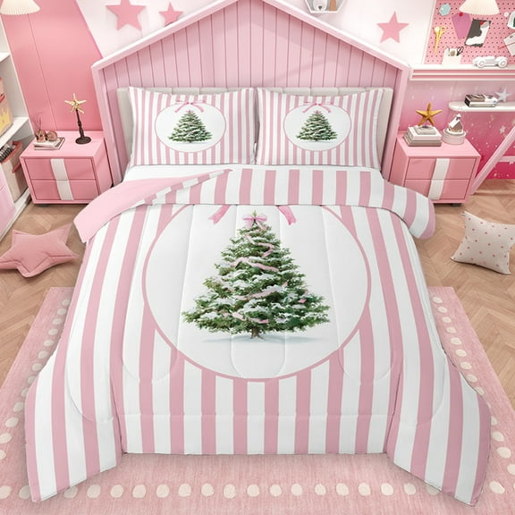Homewish Cartoon Christmas Tree Full Size Comforter Sets, Pink Fashion Stripes Bedding Comforter Set, Teens Kids Girls Women Reversible Bedding Sets, Super Cozy Room Decor, 3-Piece