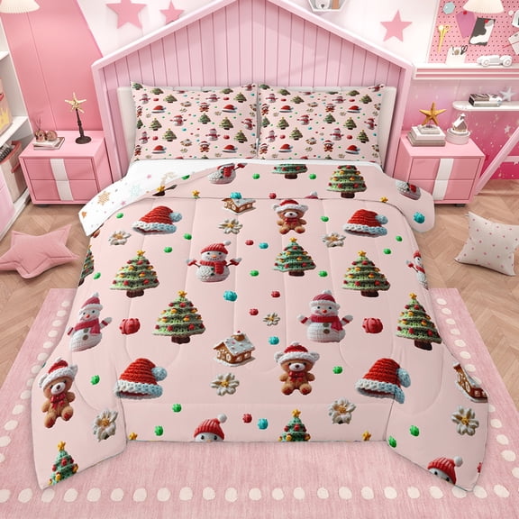 Homewish Cartoon Christmas Tree Queen Comforter Set,Kawaii Xmas Snowman Bedding Sets,Happy New Year Bedding Comforter Set For Girl Kids,Microfiber Bedroom Decor Reversible,3-Piece