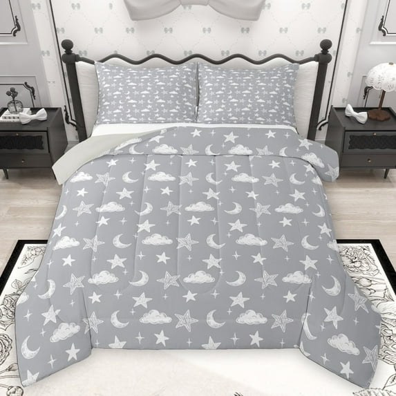 Homewish Cartoon Cloud Moon 3 Pieces Queen Comforter Set for Children Teens,Starry Sky Ultra Soft Bedding Sets,Kawaii Cute Bedding Comforter Set Breathable,Super Cozy Room Decor,Reversible