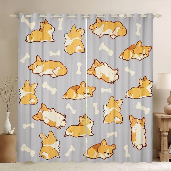 Homewish Cartoon Corgi Kitchen Curtains,Kawaii Dog Bone Black Out Curtains Pack of 2 (42x63 Each),Gray