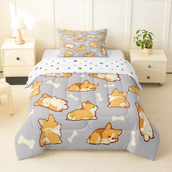 Homewish Cartoon Corgi Twin Comforter Sets,Kawaii Dog Bone Bedding Set,Gray,Polkadot Reversible,2pcs,1 Comforter and 1 Pillowcase
