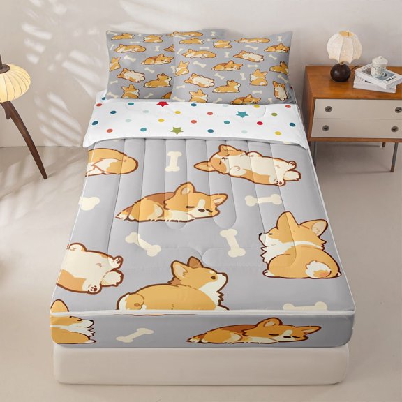 Homewish Cartoon Corgi Zipper Twin Comforter Sets with Fitted Sheet and 2 Pillowcases,Kawaii Dog Bone Zipper Bedding Set,Gray,Polkadot Reversible,4pcs