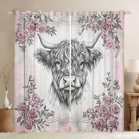 Homewish Cartoon Cow Animal Blackout Curtains Set of 2 (52x84 Each), Rustic Farmhouse Window Curtains, Vintage Fashion Rose Curtains and Drapes, Living Room Curtains Decor