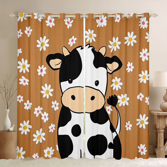 Homewish Cartoon Cow Black Out Curtains for Preppy Child Kids,Kawaii Floral Daisy Curtains Pack of 2 (42x63 Each),Farmhouse Animal Bedroom Curtains,Breathable Home Decor