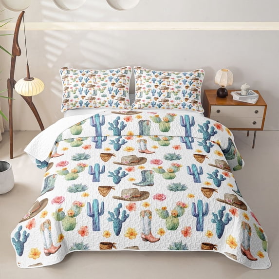 Homewish Cartoon Cowboy Boots Quilt King,Flowers Cactus King Coverlet Set,Blue Green,3 Pieces
