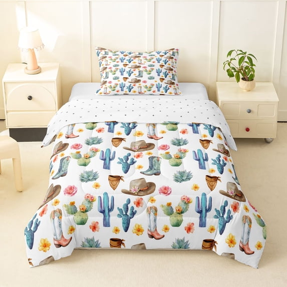 Homewish Cartoon Cowboy Boots Twin Comforter Sets,Flowers Cactus Bedding Set,Blue Green,Reversible,2 Pieces,1 Comforter and 1 Pillowcase