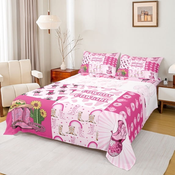 Homewish Cartoon Cowgirl Boots Grid Bed Sheets,Pink Cow Print Full Size Sheets,4pcs,1 Flat Sheet, 1 Fitted Sheet and 2 Pillowcases