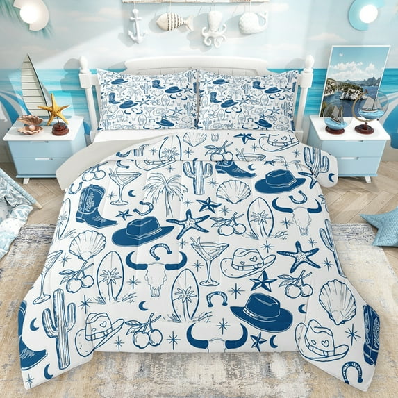 Homewish Cartoon Cowgirl Hat Queen Comforter Set for Kids, Blue Western Cowboy Boot Bedding Sets, Starfish Seashell Reversible Bedding Comforter Set, Luxury Bedroom Decor, 3-Piece