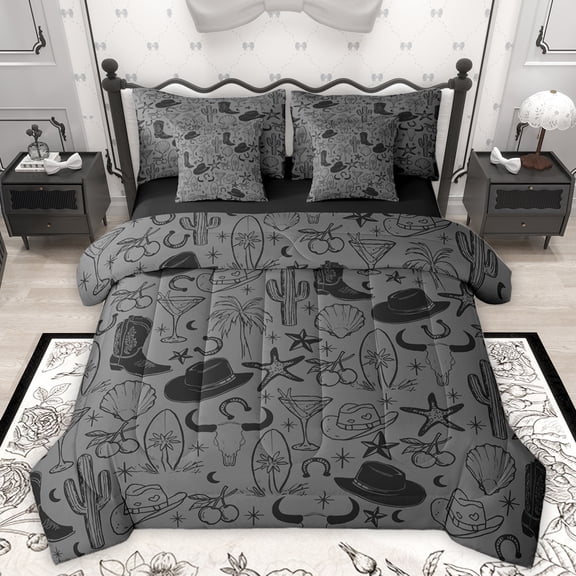 Homewish Cartoon Cowgirl Hat Twin Bedding Sets 7-Piece for Kids, Black Western Cowboy Boot Bedding Comforter Set, Starfish Seashell Reversible Sheet Sets, Ultra Soft Bedroom Decor