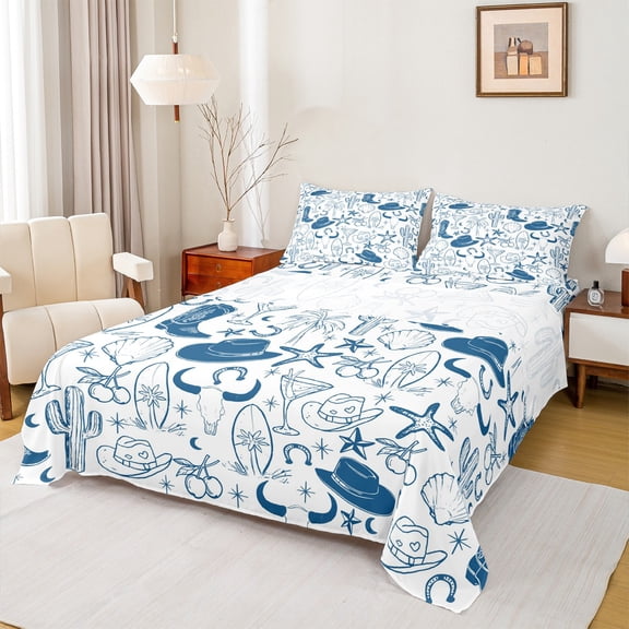 Homewish Cartoon Cowgirl Hat Twin Sheet Sets for Kids, Blue Western Cowboy Boot Twin Fitted Sheet, Starfish Seashell Flat Sheet, Luxury Bedroom Decor, 3-Piece