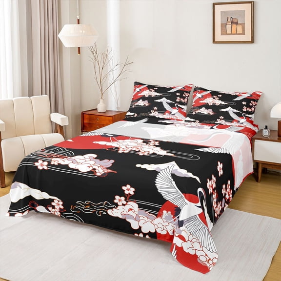 Homewish Cartoon Crane Animal Bed Sheets, Japanese Cherry Blossoms King Sheets, Tokyo Cloud Sun Sheet Set, Breathable Home Decor, 4pcs
