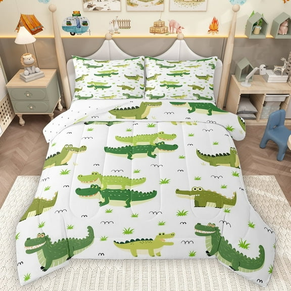 Homewish Cartoon Crocodile Bedding Comforter Set,Wild Animal Twin Comforter Sets,Green White Bedding Set For Boys Kids,Luxury Bedroom Decor Reversible,2-Piece