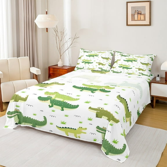 Homewish Cartoon Crocodile Twin Sheet Sets,Wild Animal Twin Fitted Sheet,Green White Flat Sheet For Boys Kids,Luxury Bedroom Decor,3-Piece