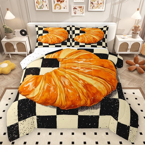 Homewish Cartoon Croissant Lover Queen Comforter Set, Black Wheat Plaid Bedding Sets, Teens Kids Boys Girls Reversible Bedding Comforter Set, Super Cozy Room Decor, 3pcs