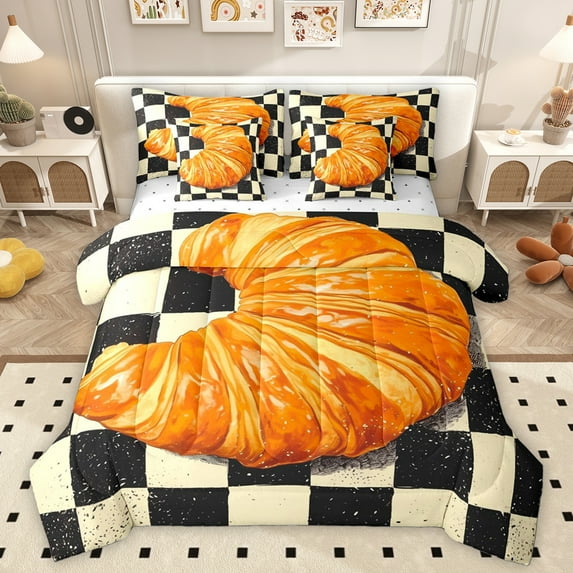 Homewish Cartoon Croissant Lover Twin Bedding Sets 7-Piece, Black Wheat Plaid Bedding Comforter Set, Teens Kids Boys Girls Reversible Sheet Sets, Super Cozy Room Decor